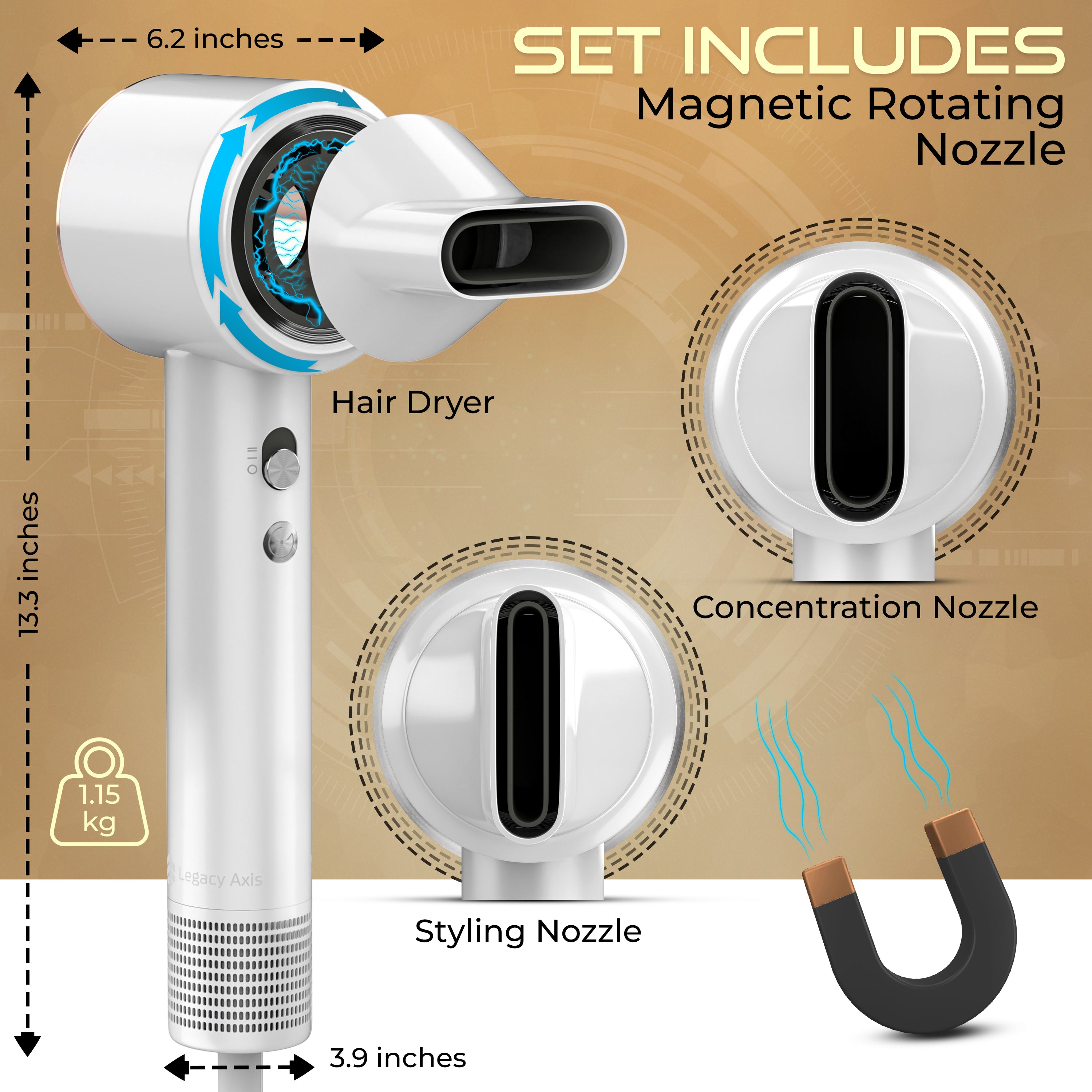 Professional Hair Dryer, Negative Ionic Blow Dryer with 110000 RPM High-Speed Brushless Motor, Low Noise Fast Drying Thermo-Control Hairdryer with Magnetic Nozzle, Perfect for Straightening & Curling